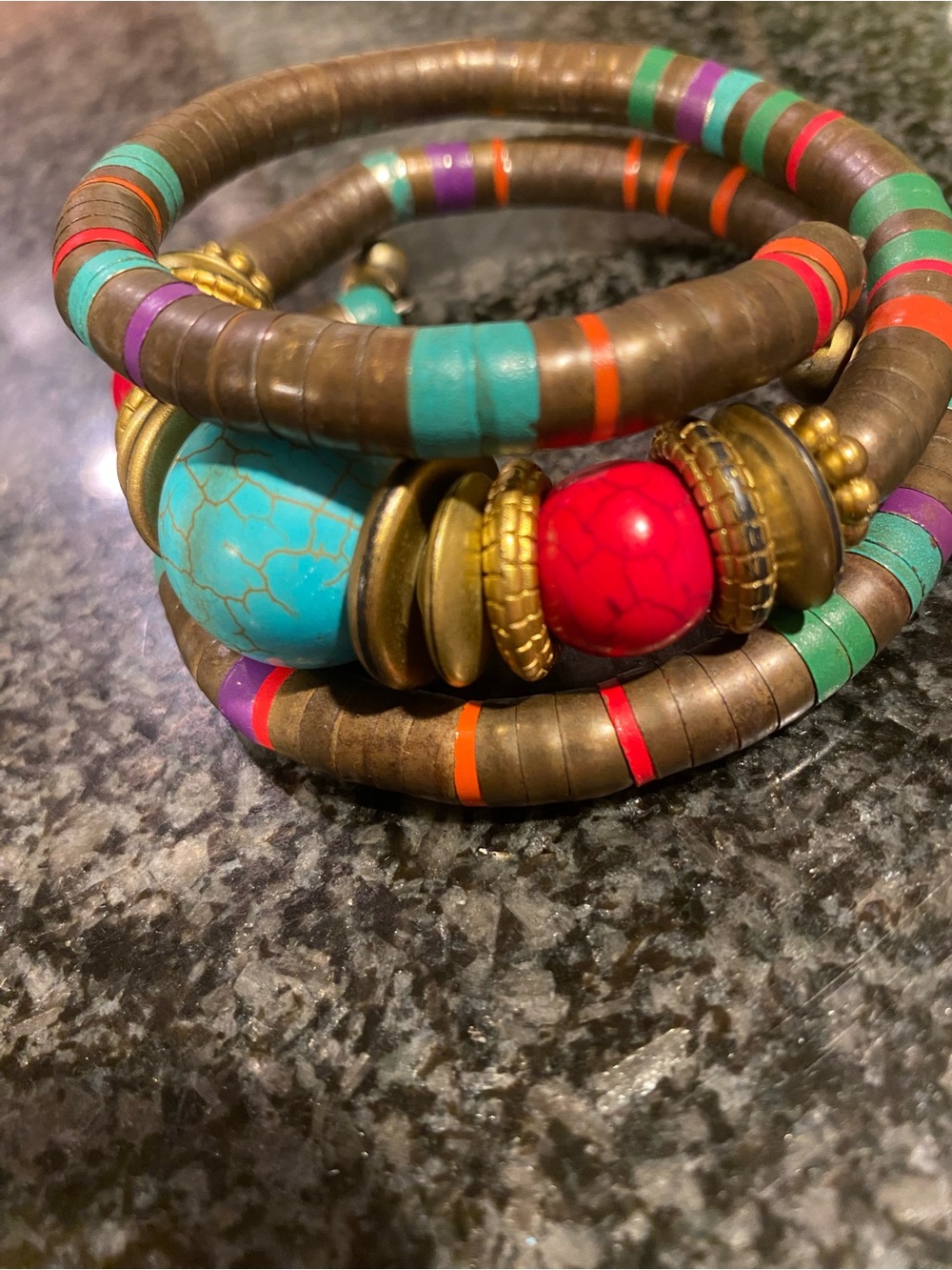 Bohemian Turquoise & Red Beaded Coil Bracelet with Gold Accents
